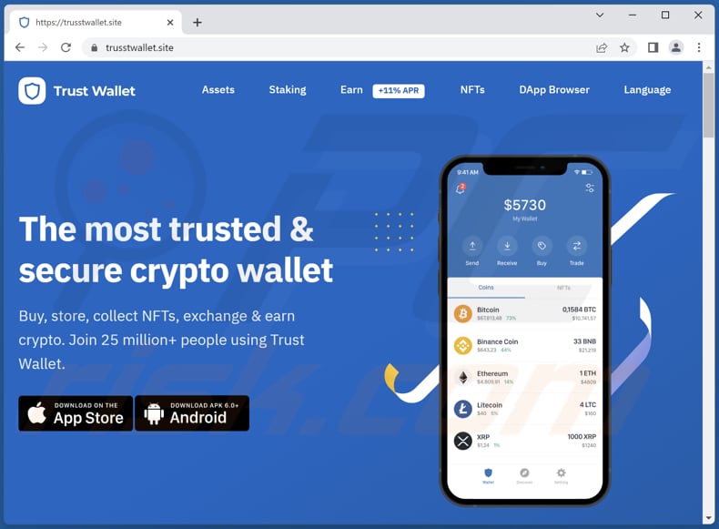 Screenshot di un sito Web falso (trusstwallet[.]site) che promuove il malware dell'app Trust Wallet