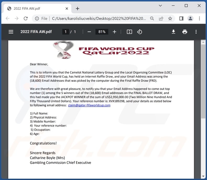 Screenshot dell'allegato email spam 