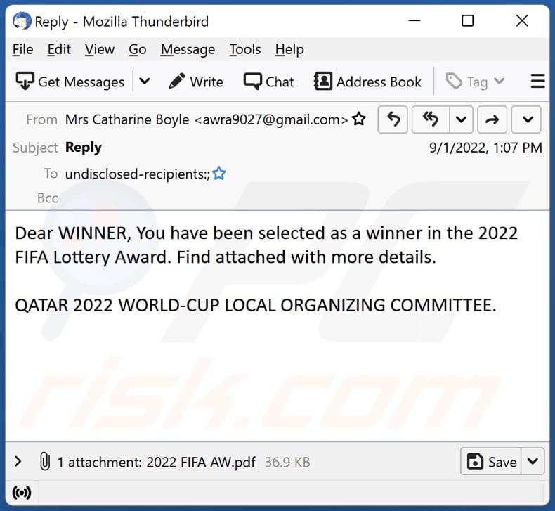 Campagna di spam e-mail del Premio della Lotteria FIFA 2022
