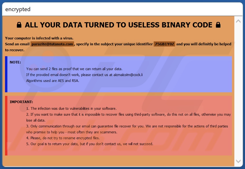 Screenshot della richiesta di riscatto di Arazite ransomware (