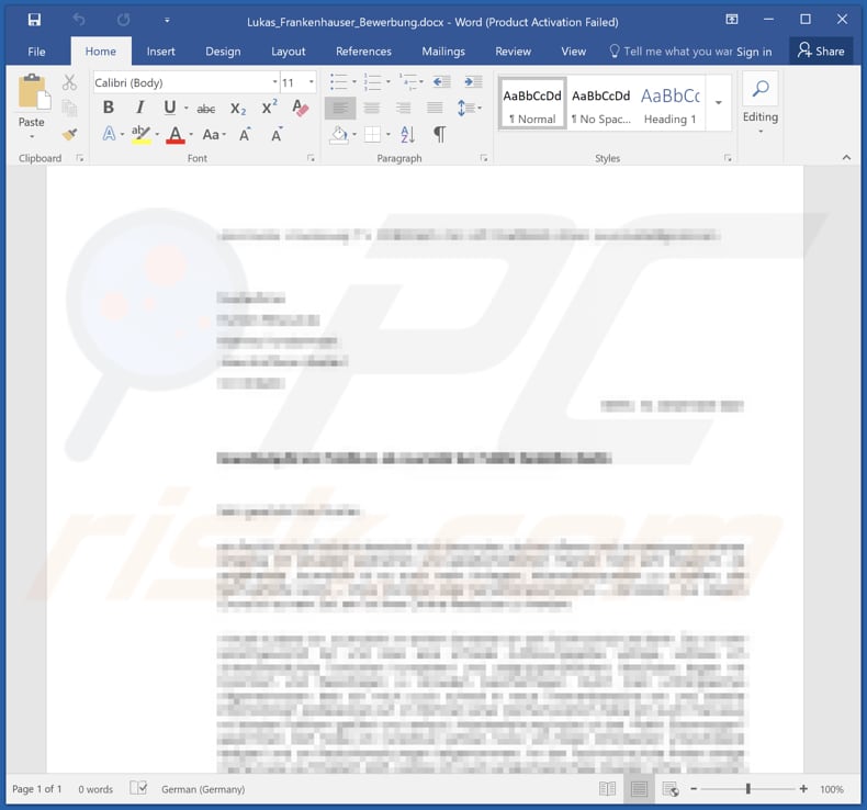 Screenshot del documento dannoso di MS Office utilizzato per distribuire BISAMWARE