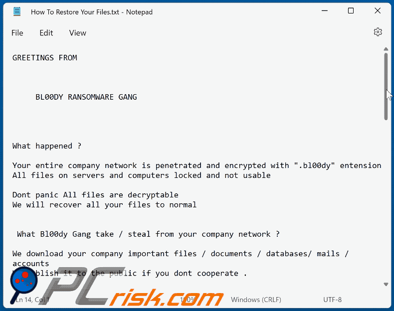 Aspetto del file di testo di Bl00dy ransomware 
