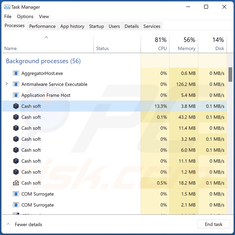 Screenshot Processo dell'adware Cash su Task Manager di Windows (nome del processo 