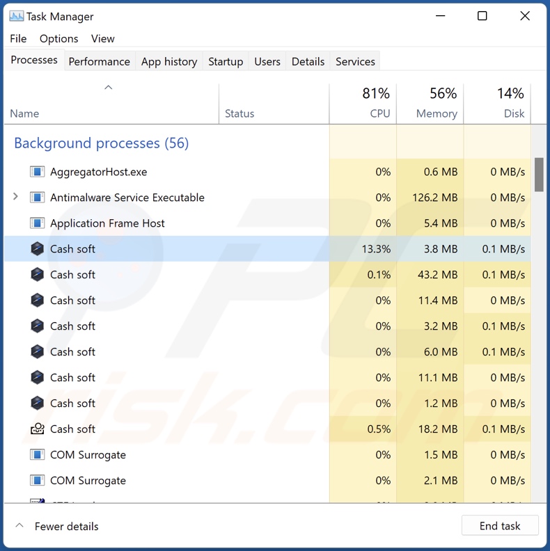 Screenshot Processo dell'adware Cash su Task Manager di Windows (nome del processo 