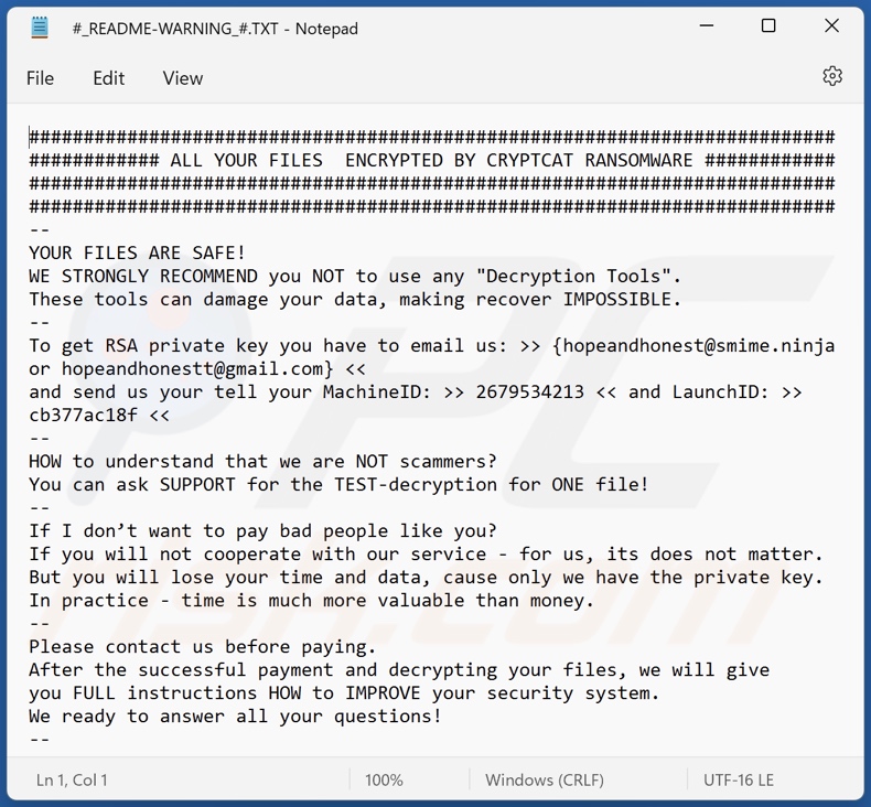 CRYPTCAT ransomware messaggio di richiesta di riscatto (#_README-WARNING_#.TXT)
