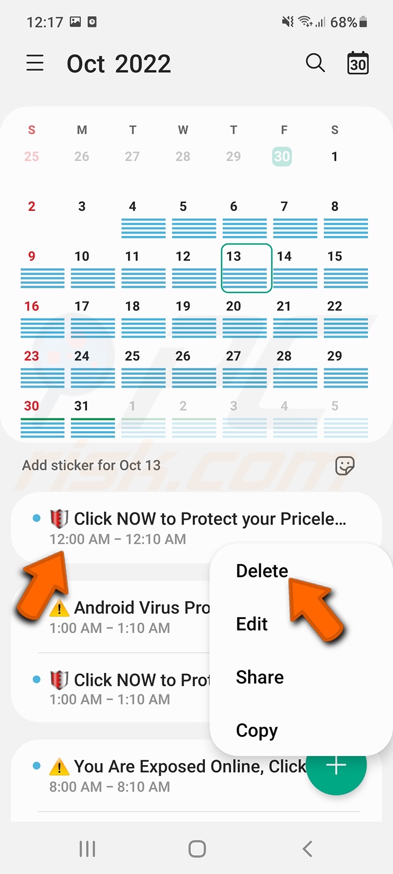 Rimozione ingannevole degli eventi del calendario (Samsung Calendar)