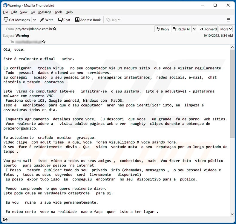 Una variante portoghese dell'e-mail di spam a tema Final Warning (2022-09-13)