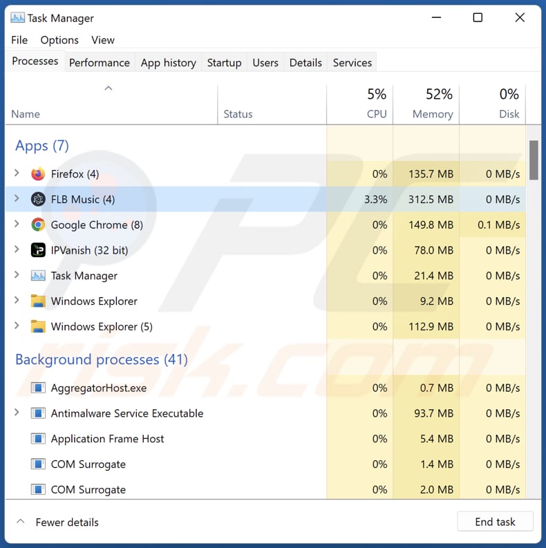 FLB Music in esecuzione nel Task Manager come 