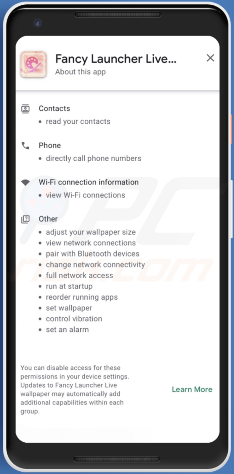Permessi richiesti dal malware Harly (sfondi animati di Fancy Launcher - travestimento)