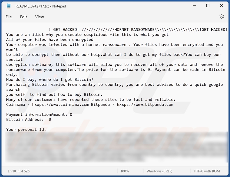 Screenshot del file di testo di HORNET ransomware (
