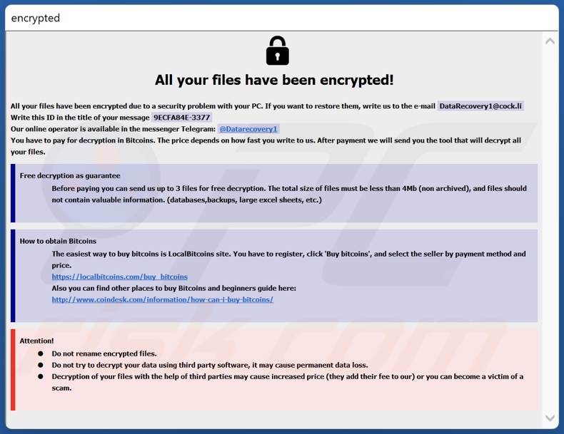 Screenshot della finestra pop-up di MLF ransomware (