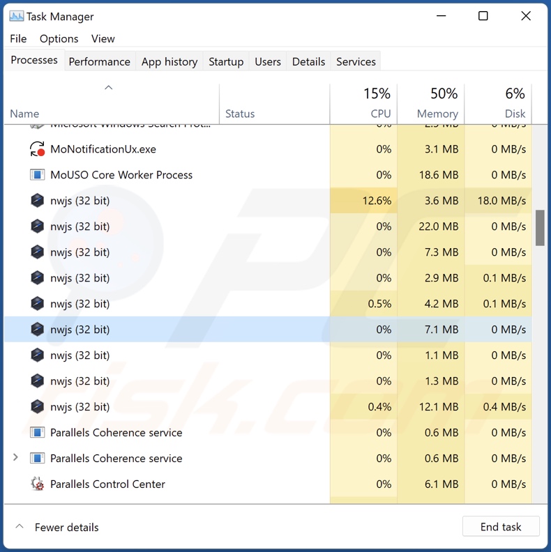 Screenshot del processo dell'adware mobile nel Task Manager di Windows (nome del processo 