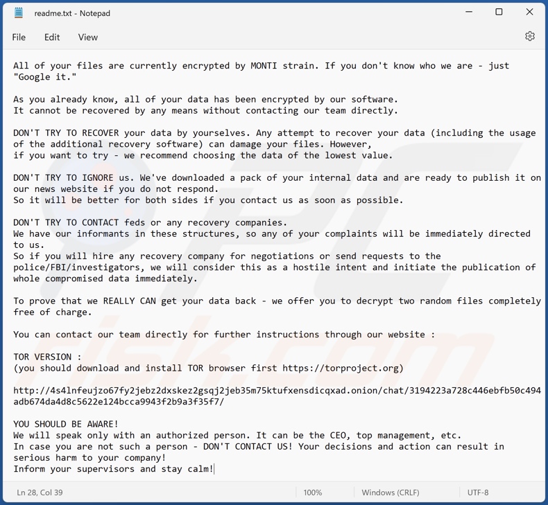 Screenshot del file di testo di MONTI ransomware (