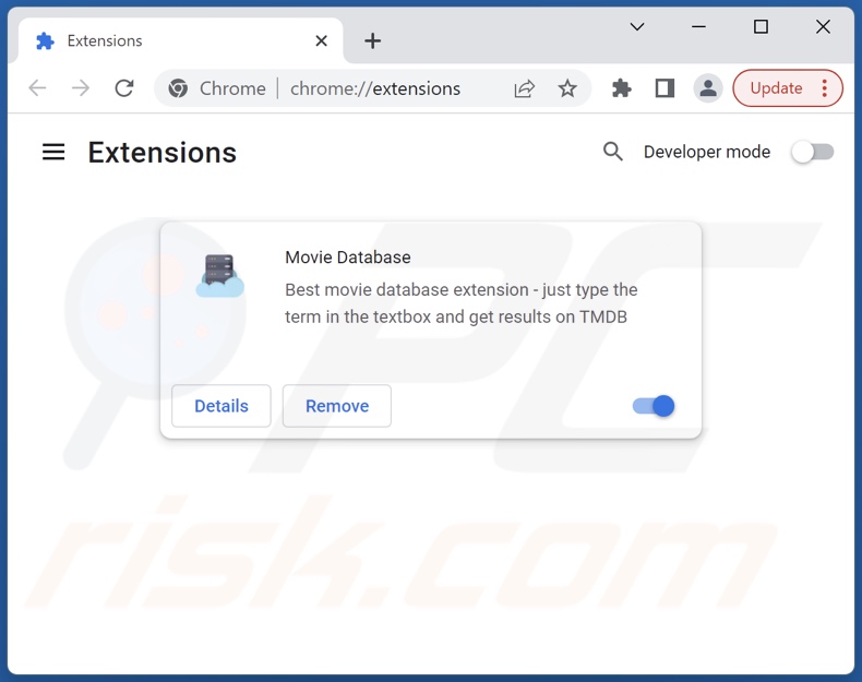 Rimozione degli annunci di Movie Database da Google Chrome step 2