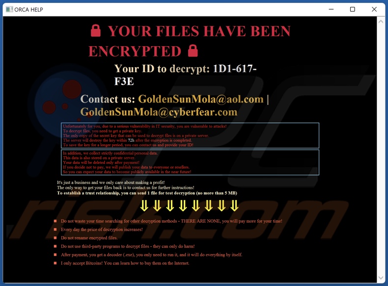 ORCA ransomware nota di riscatto (HOW_TO_RECOVER_DATA.hta)