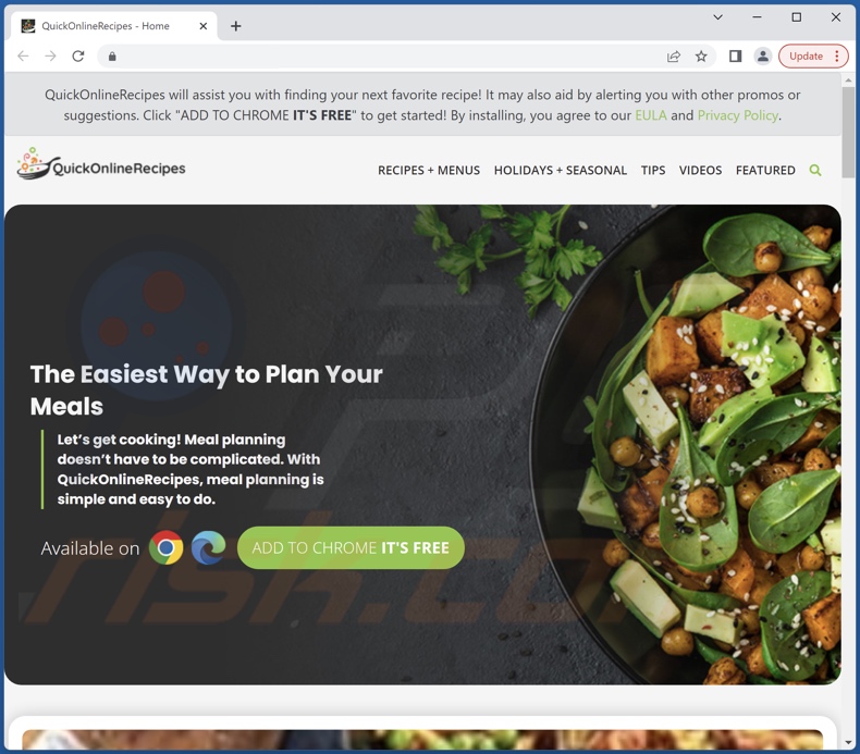 Screenshot del sito web utilizzato per promuovere l'adware Quick Online Recipes