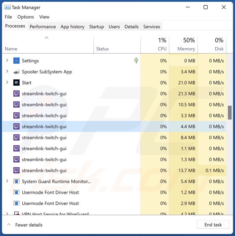 Screenshot del processo dell'adware Streamlink-twitch-gui su Task Manager di Windows (nome del processo streamlink-twitch-gui)