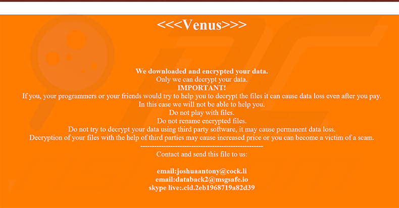 Screenshot della finestra pop-up, del file HTML e dello sfondo del desktop rilasciati da un'altra variante del ransomware Venus