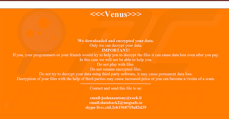 Screenshot della finestra pop-up, del file HTML e dello sfondo del desktop rilasciati da un'altra variante del ransomware Venus