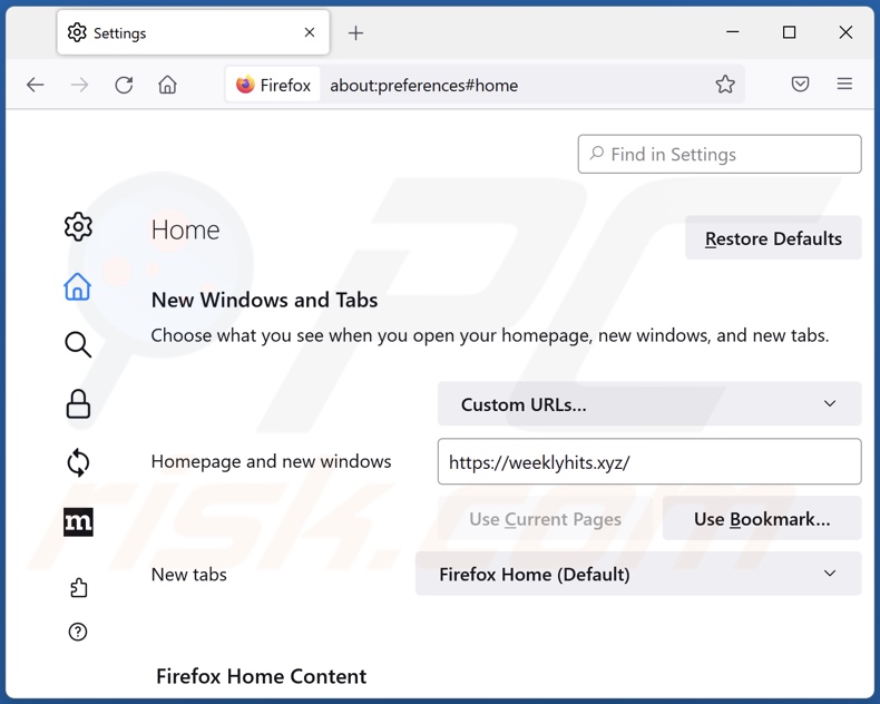 Rimozione di weekhits.xyz dalla home page di Mozilla Firefox