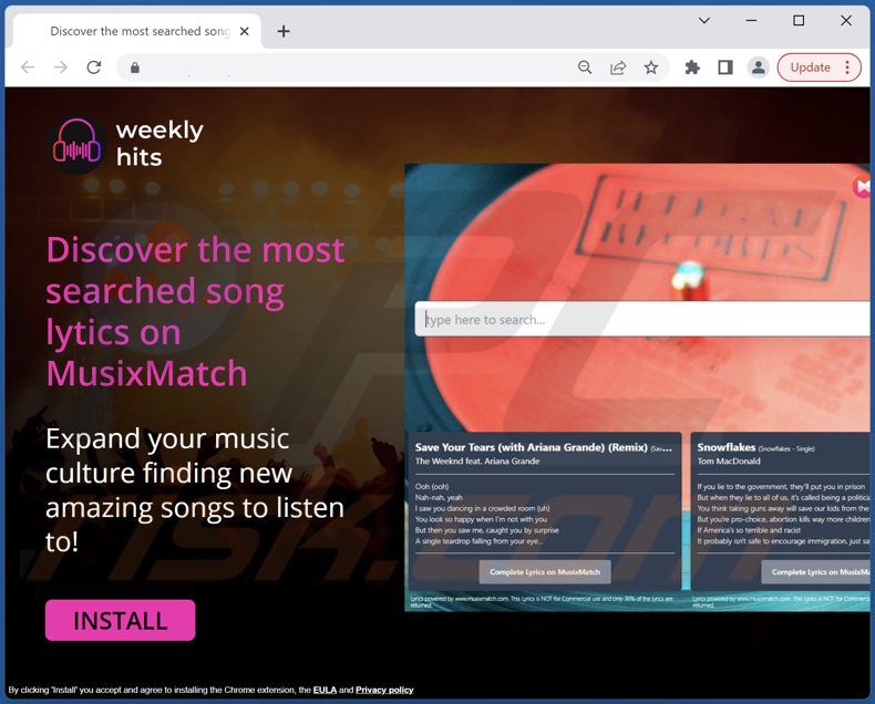 Sito web che promuove il dirottatore del browser Weekly Hits