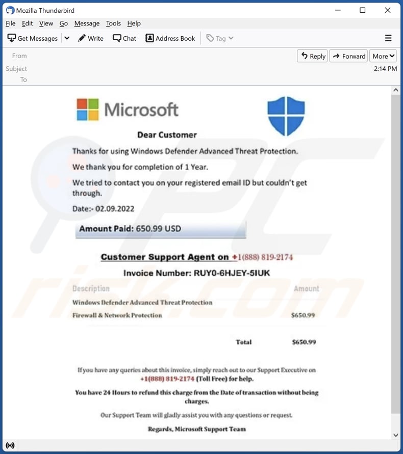 Windows Defender Advanced Threat Protection email truffa