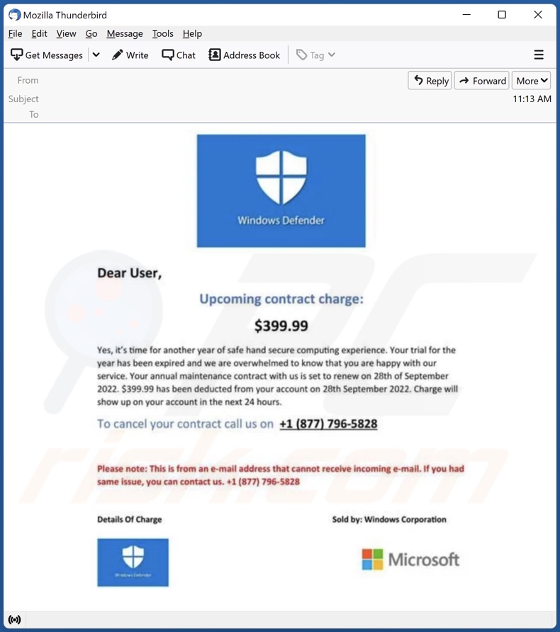 Campagna di spam e-mail di Windows Defender