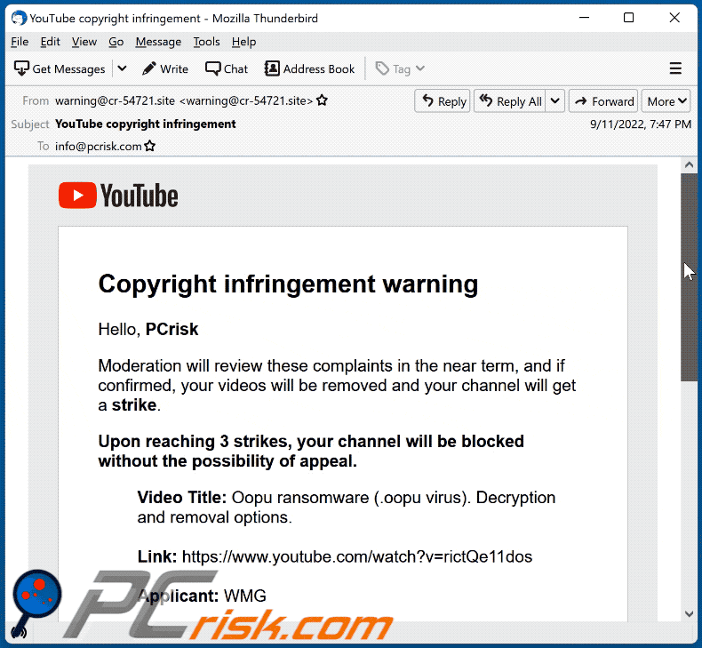 Aspetto dell'email YouTube Copyright Infringement Warning 