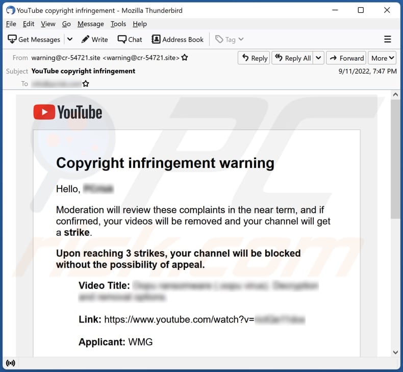 YouTube Copyright Infringement Warning email virus email che diffonde malware
