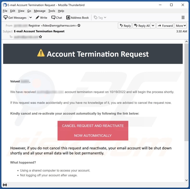 Account Termination Request campagna di spam via email
