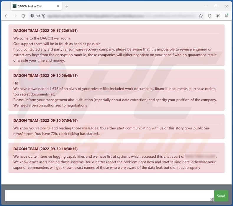 Screenshot del sito Web Tor di DAGON LOCKER
