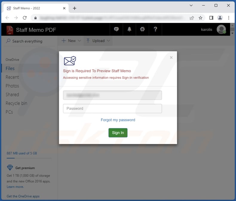 Screenshot del sito Web di phishing