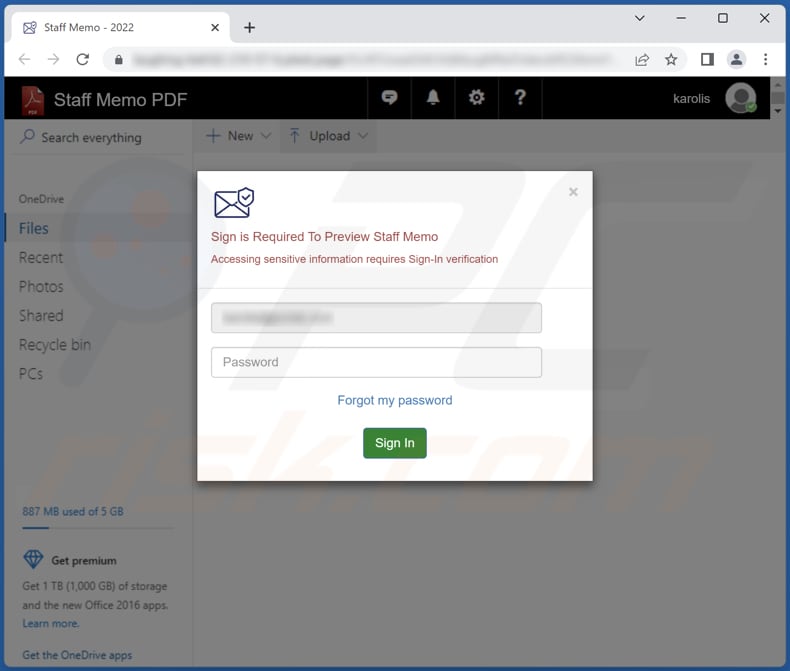 Screenshot del sito Web di phishing