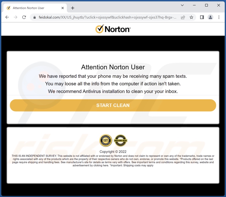 Norton - Your Phone May Be Receiving Many Spam Texts pagina iniziale della truffa