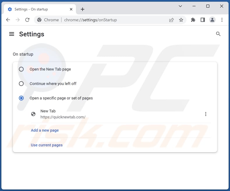 Rimozione di quicknewtab.com dalla home page di Google Chrome