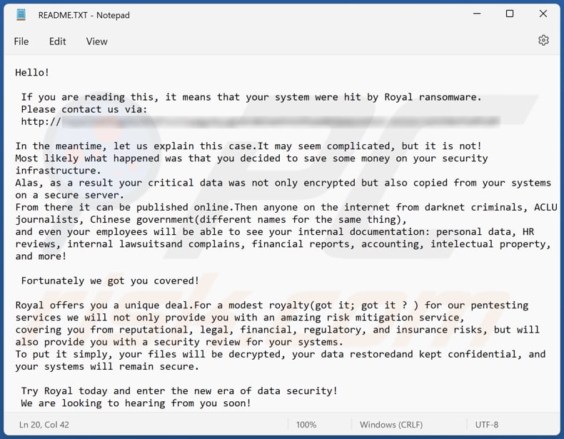 Screenshot del file di testo di Royal