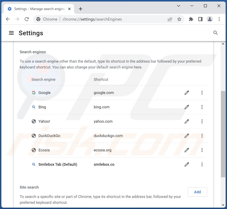 Rimozione di smilebox.co dal motore di ricerca predefinito di Google Chrome