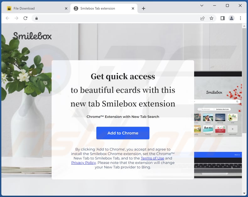 Sito web che promuove il dirottatore del browser Smilebox Tab