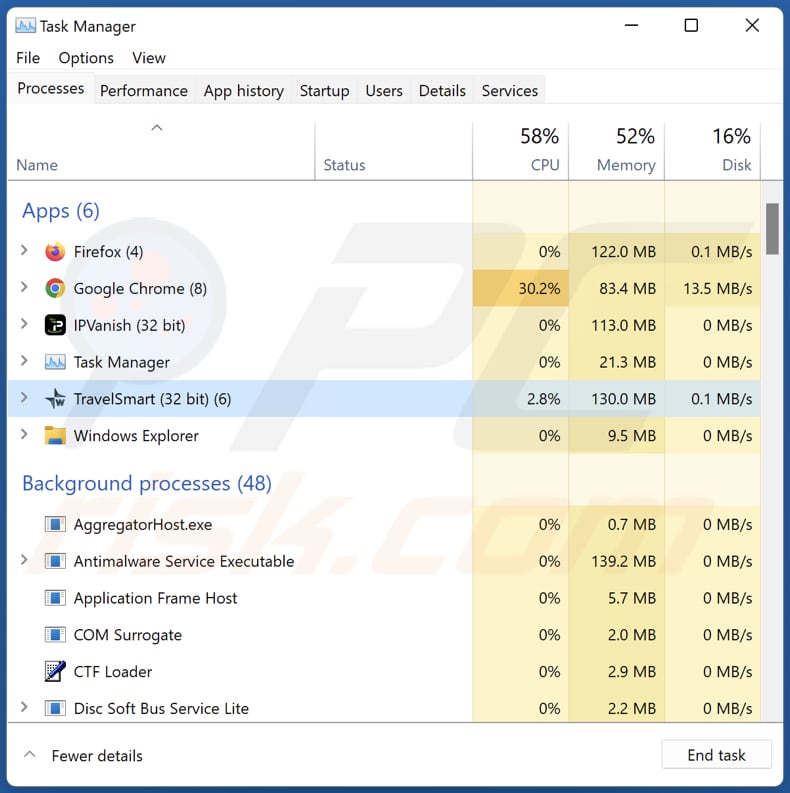 TravelSmart in esecuzione nel Task Manager come 