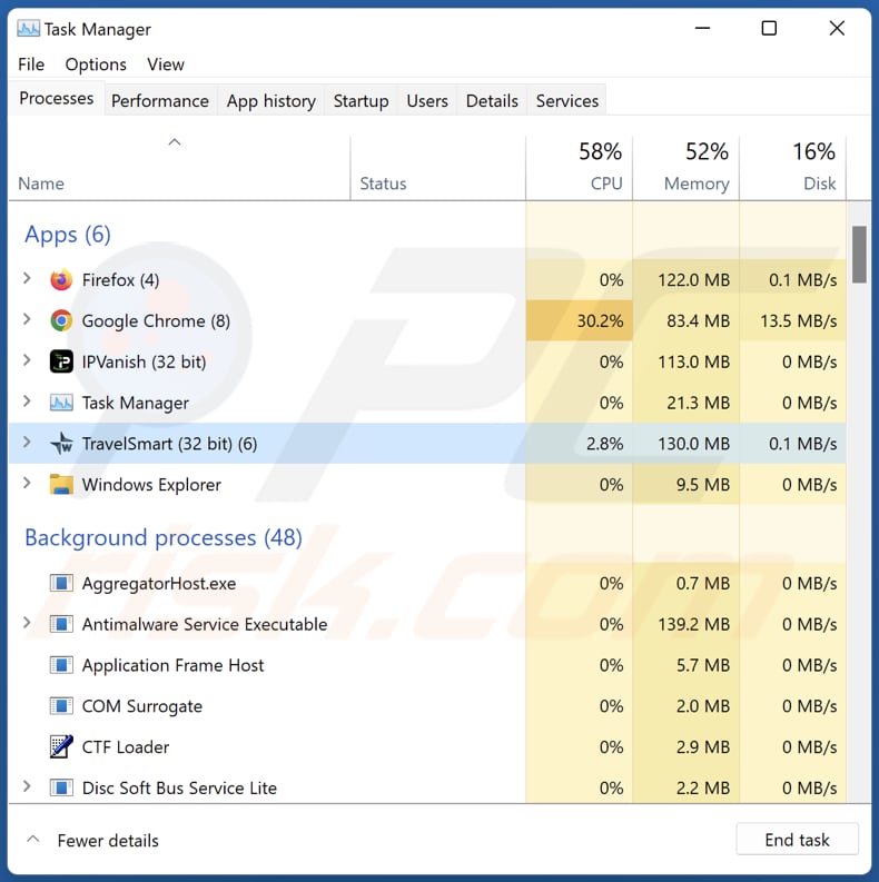 TravelSmart in esecuzione nel Task Manager come 