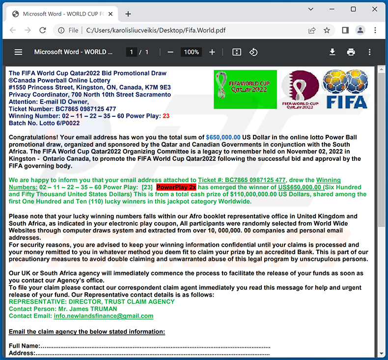 Screenshot di un documento PDF distribuito email spam a tema FIFA (2022-11-17)