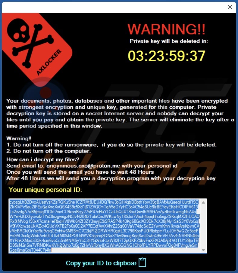 Screenshot della finestra pop-up di AXLocker ransomware (pop-up)
