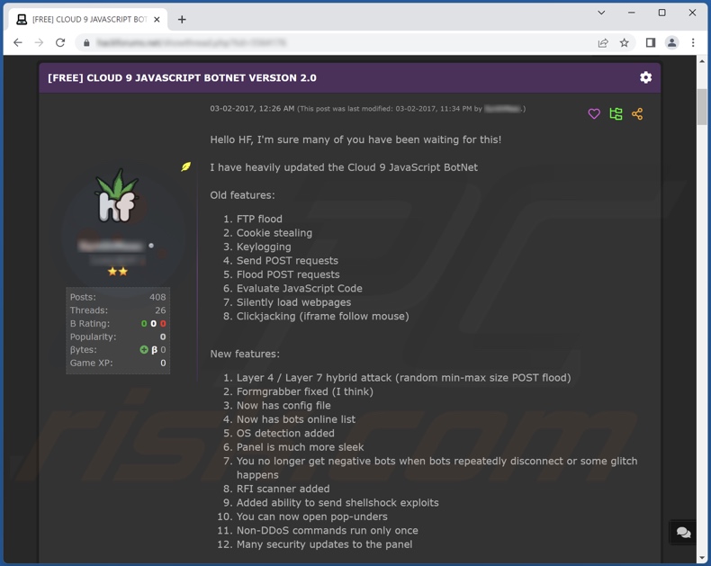 Screenshot del malware Cloud 9 promosso sui forum degli hacker