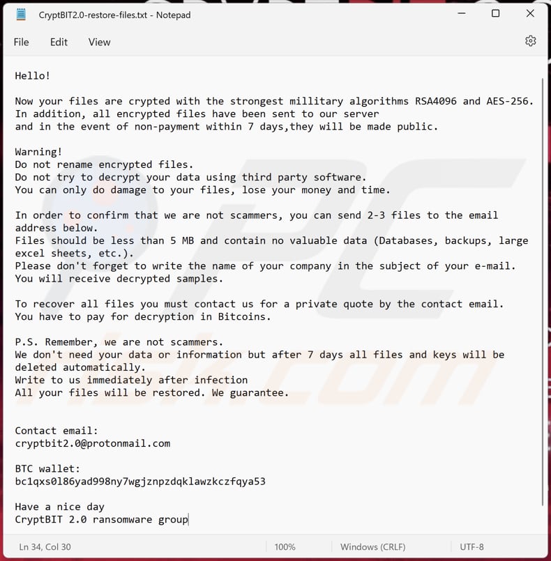 Schermata del file di testo di CryptBIT 2.0 (