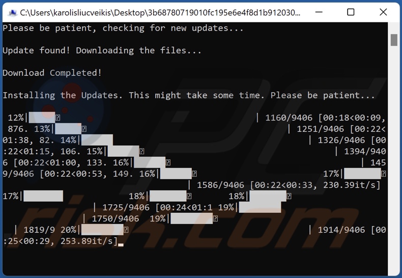 Schermata della falsa schermata di aggiornamento visualizzata dal ransomware Cryptonite (.cryptn8) durante la crittografia
