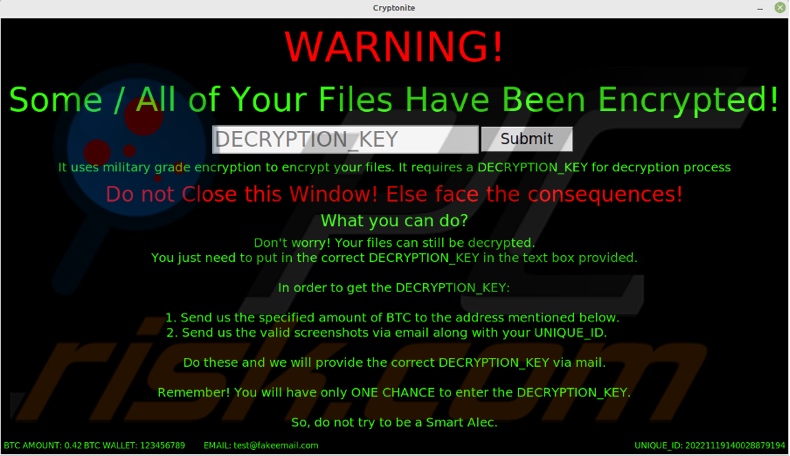 Schermata della finestra pop-up del ransomware Cryptonite (.cryptn8)