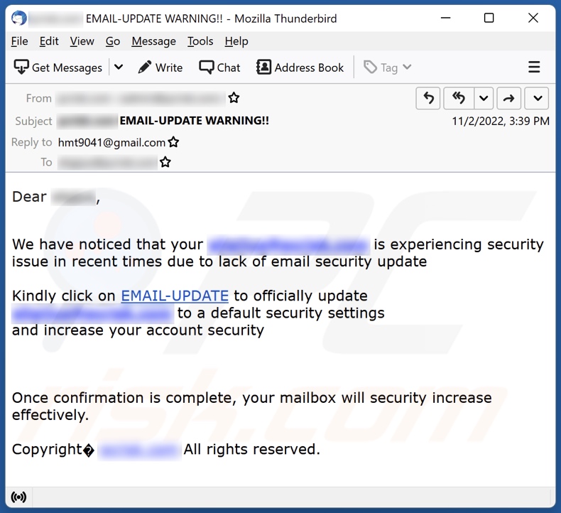 Email Security Update Scam email campagna di spam