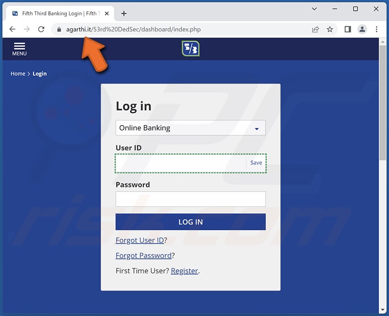 Screenshot del falso sito Web di accesso della Fifth Third Bank