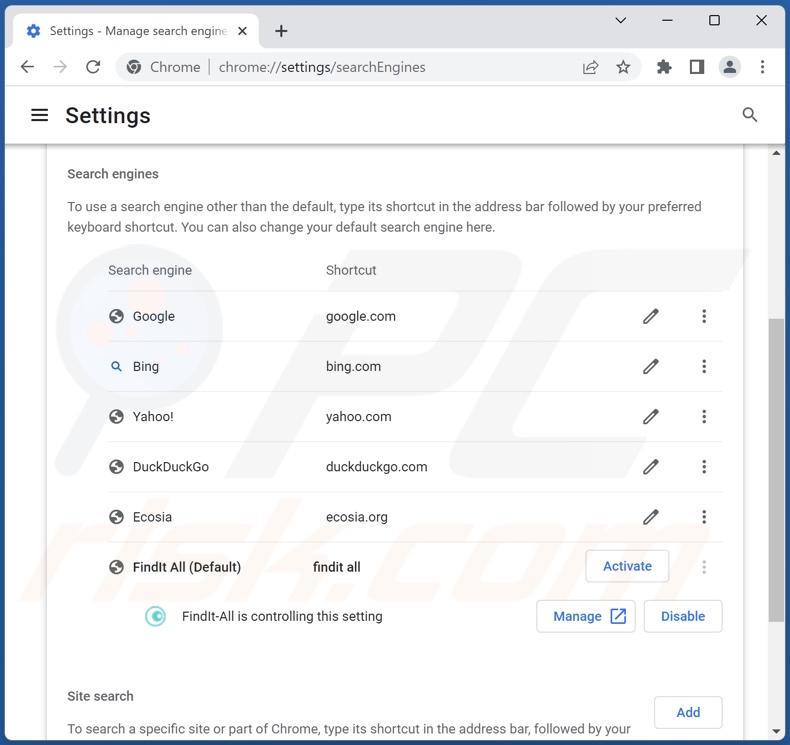 Rimozione di find.findit-all.com dal motore di ricerca predefinito di Google Chrome