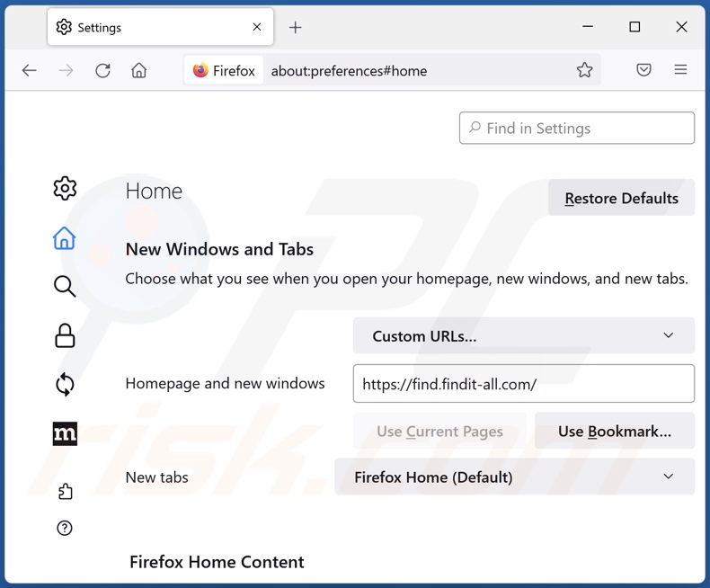 Rimozione di find.findit-all.com dalla home page di Mozilla Firefox